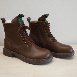 HZM 21DJL3138-1 Women Sz 40 US 9.5 Coffee Brown Leather Lace-Up Zip Combat Boots